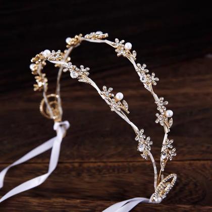 Gold Plated Crystal Wedding Headband, Beaded..